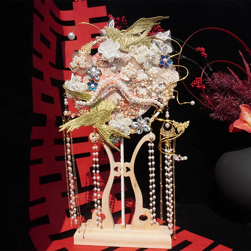 新中式新娘结婚团扇手工diy材料包高级双面重工成品喜扇婚礼礼物