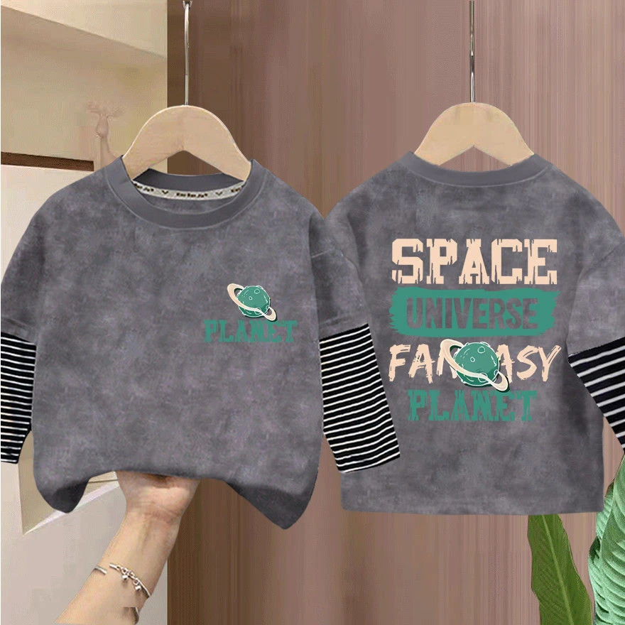 男童T恤长袖2025春秋新款男宝宝纯棉扎染上衣帅气套头假两件国潮t