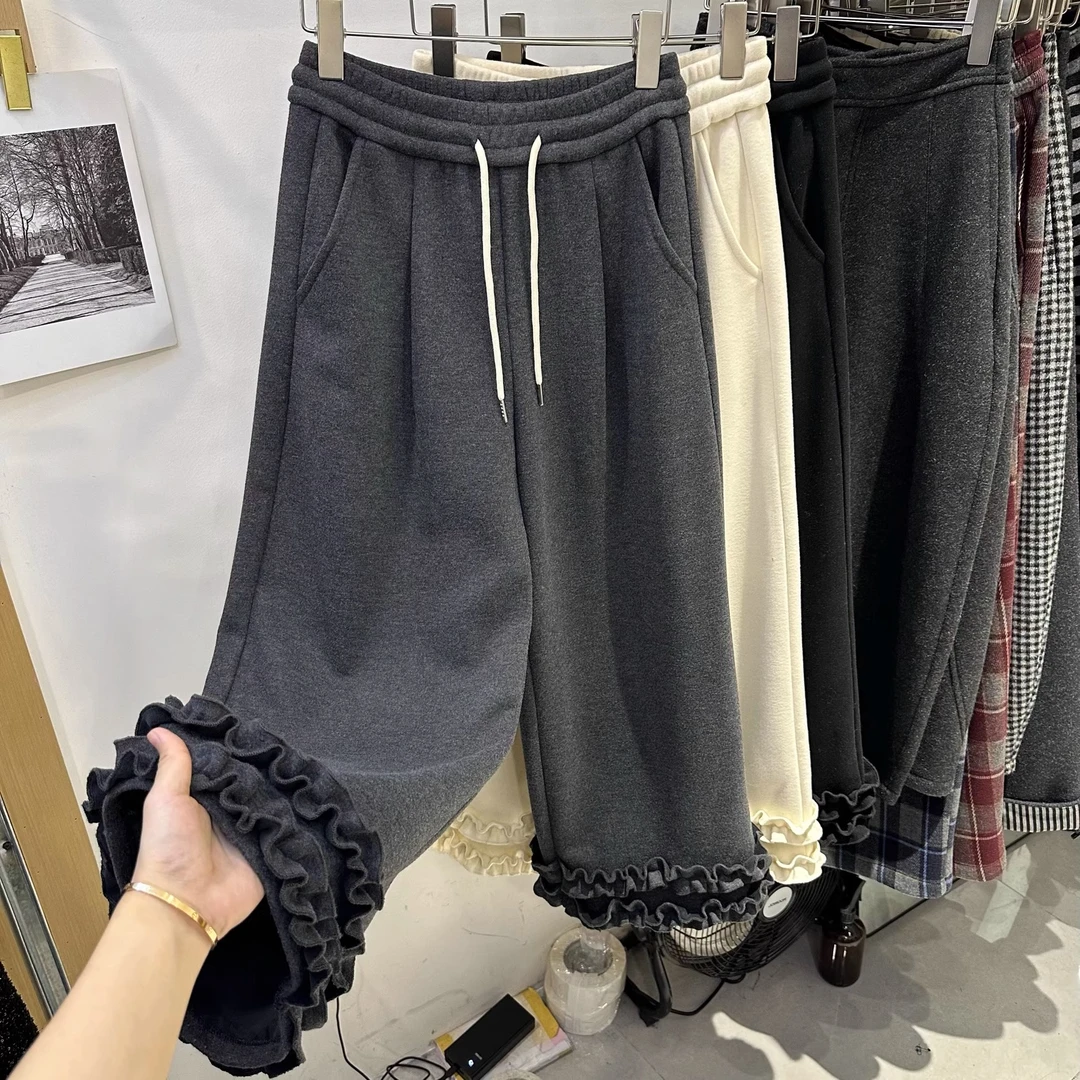 韩系设计感花边拼接加厚休闲裤女2024冬季新款高腰显瘦直筒阔腿裤