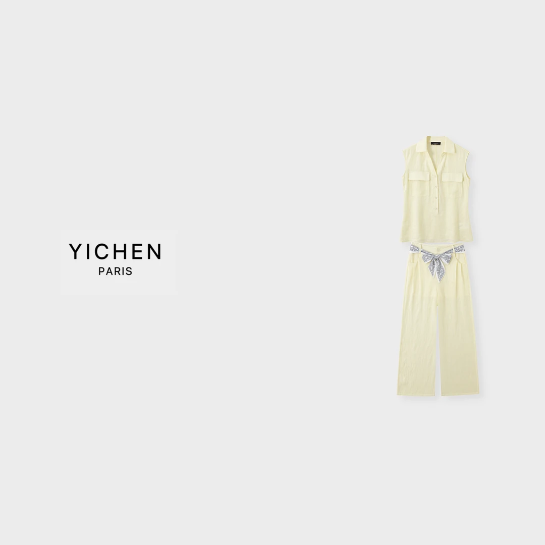 YC 定染浅黄色L P无袖款高定收腰亚麻套装-5155
