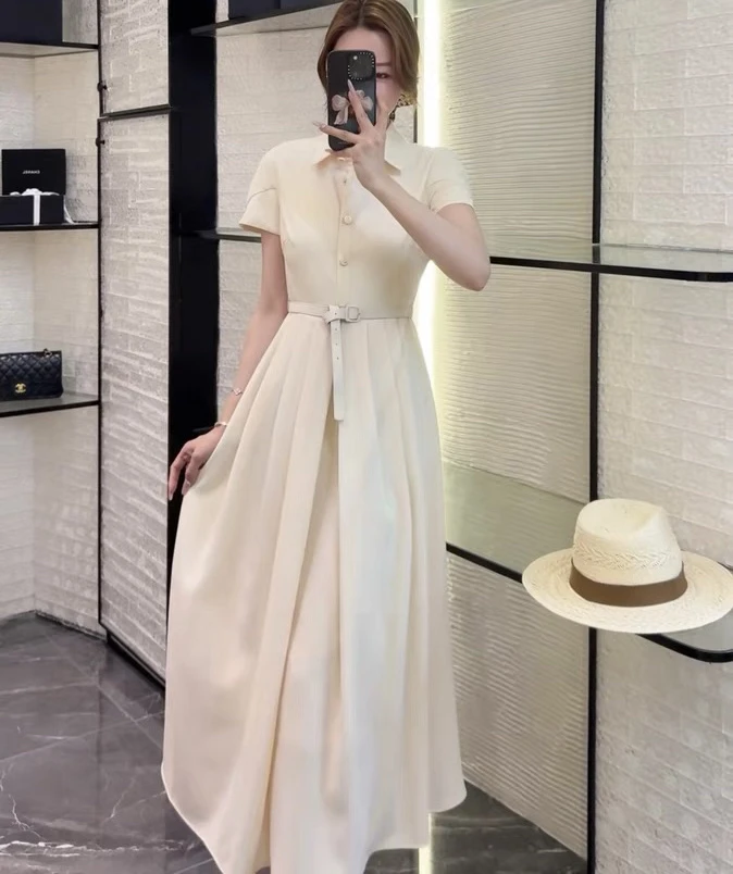 秋秋高级感polo领短袖衬衫式通勤连衣裙女休闲气质小众长裙205006