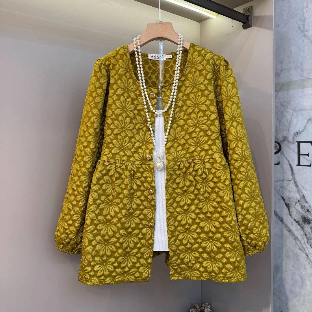 新款胖妹妹减龄圆领花朵韩系宽松大码女装休闲百搭时尚早秋外套