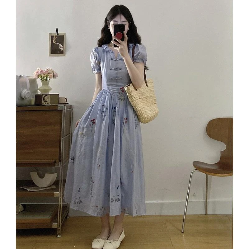 秘境之蓝大码法式气质显瘦遮肉短袖重工刺绣显瘦连衣裙女装长裙夏
