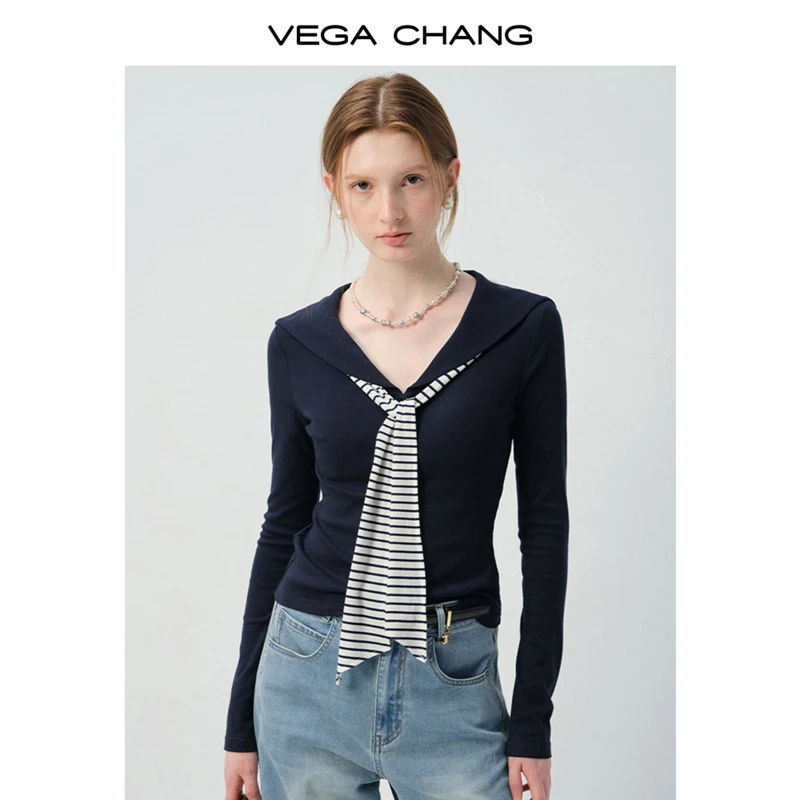 VEGA CHANG长袖T恤女2026新款春季海军领条纹飘带修身上衣0250LW