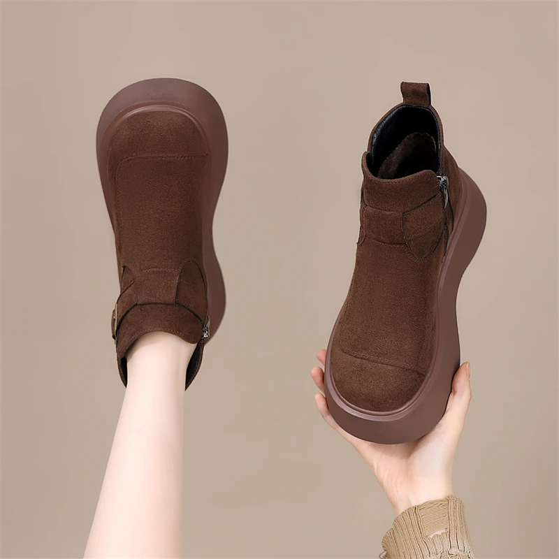 复古厚底时尚短靴女2025新款秋冬加绒保暖增高显脚小软底勃肯棉靴