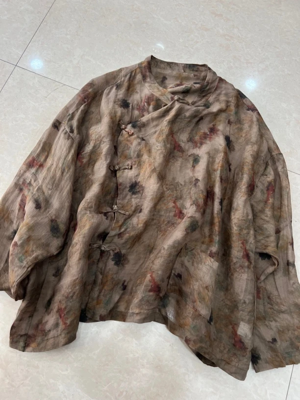 央 水墨晕染苎麻盘扣上衣