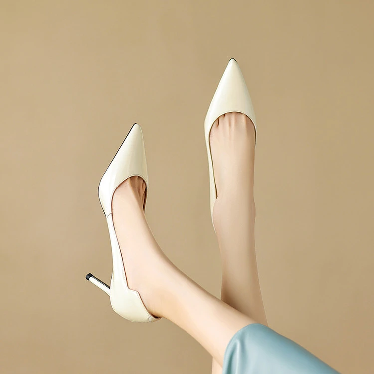 8cm细跟尖头真皮气质时尚舒适浅口单鞋春秋百搭法式包头高跟小众