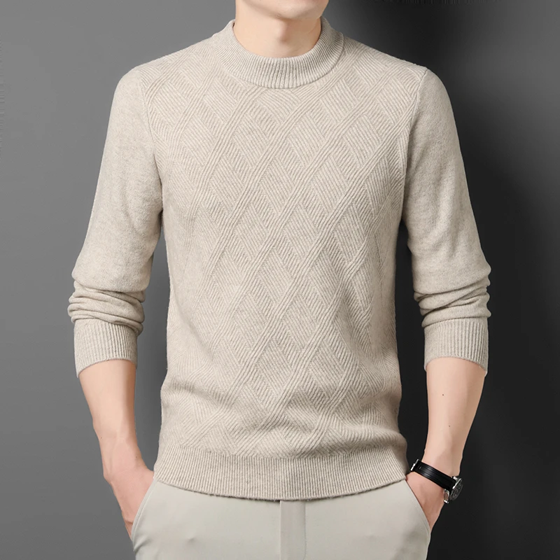 [100%绵羊毛]轻奢男士中年新款秋冬半高领毛衣提花保暖羊毛衫洋洋