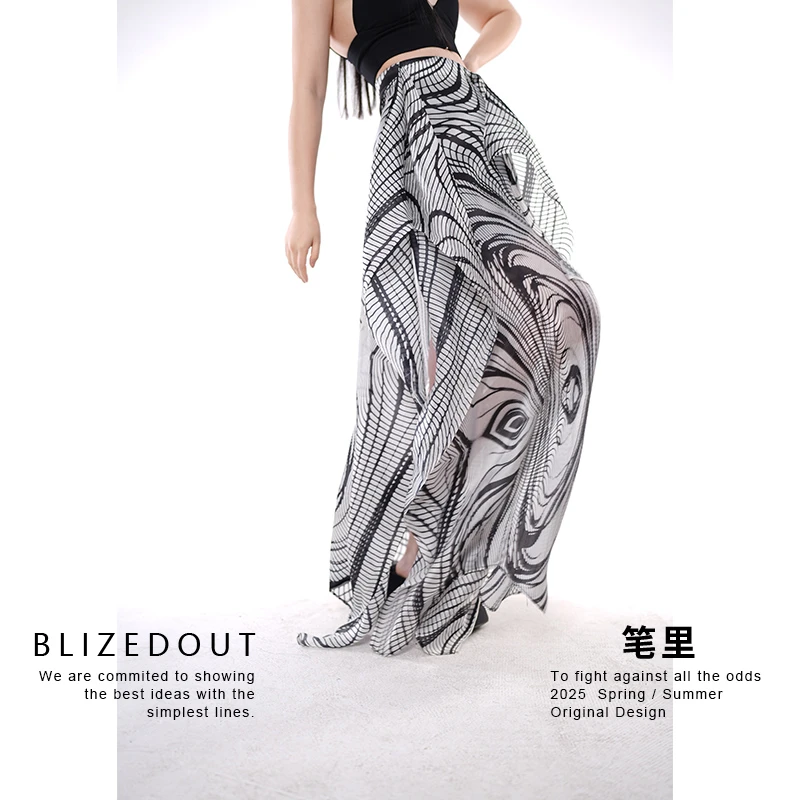 笔里【BLIZEDOUT】原创设计5040903黑灰色涂鸦条纹层次解构半身裙