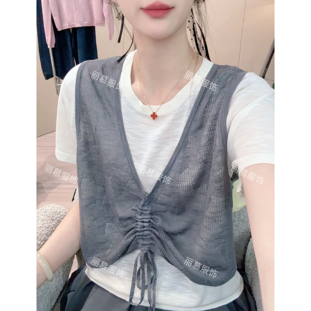 【镂空树叶抽绳假两件】薄款镂空树叶抽绳拼接针织假两件短袖1738