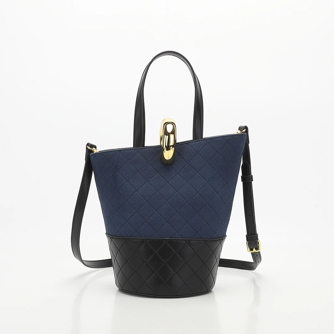 2025秋冬新款磨砂绣线拼色手提式水桶包9087-蓝色