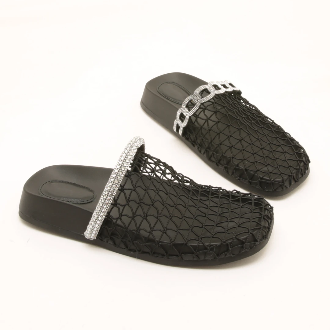 6871夏季新款水钻包头渔网半拖鞋女厚底镂空透气网面沙滩凉拖鞋