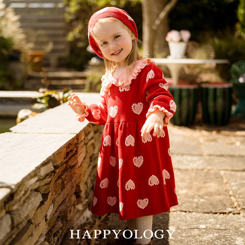 Happyology英国儿童秋冬装新款裙子女童爱心毛织荷叶边提花连衣裙