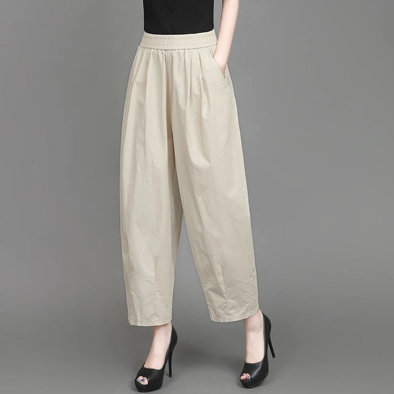 100%纯棉松紧腰高腰宽松大码薄款九分裤女夏季新款灯笼裤休闲显瘦