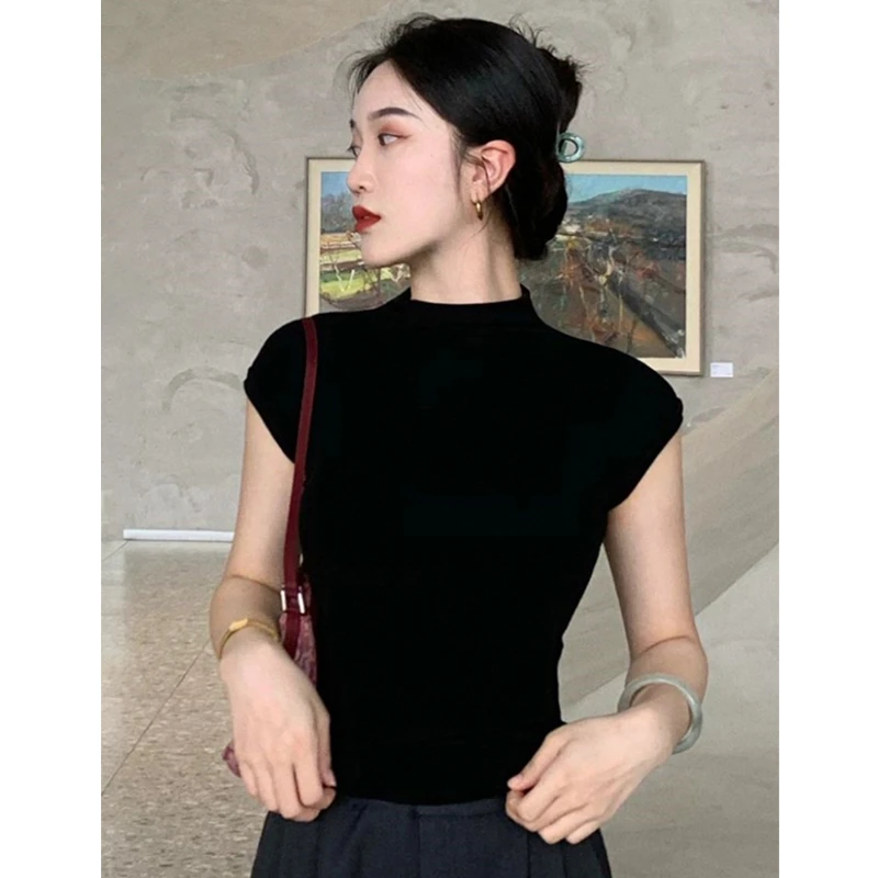 半高领冰丝针织短袖t恤女2025夏季正肩紧身修身显瘦黑色短款上衣