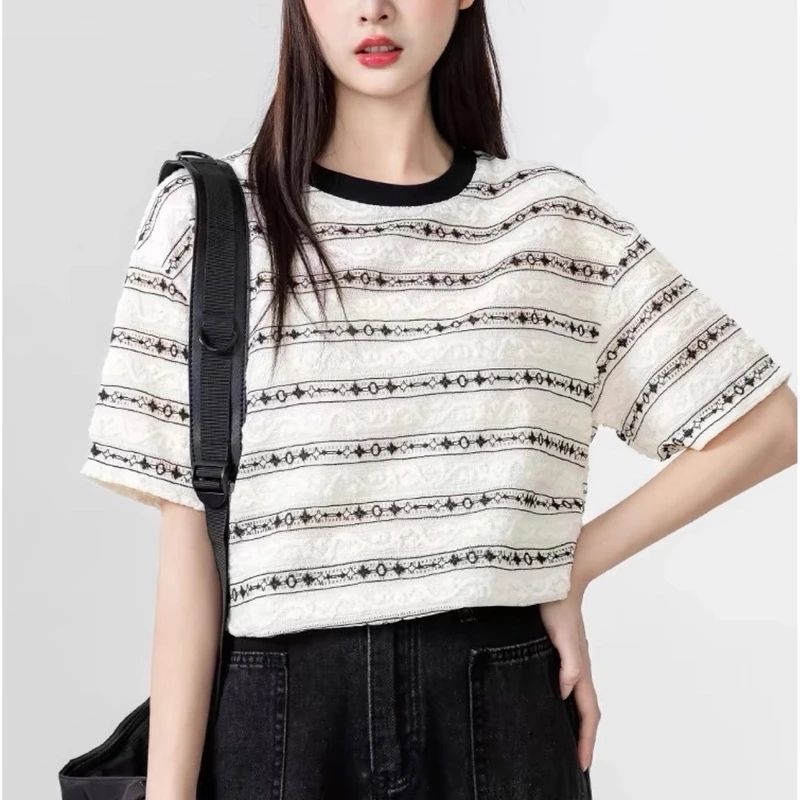 条纹镂空短袖T恤女夏季2025新款设计感宽松撞色圆领体恤半袖上衣