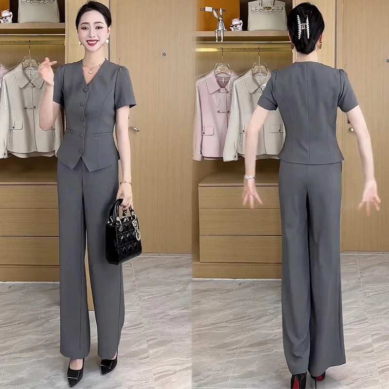 时尚休闲套装女2025夏季新款洋气质减龄显瘦短袖V领阔腿裤两件套