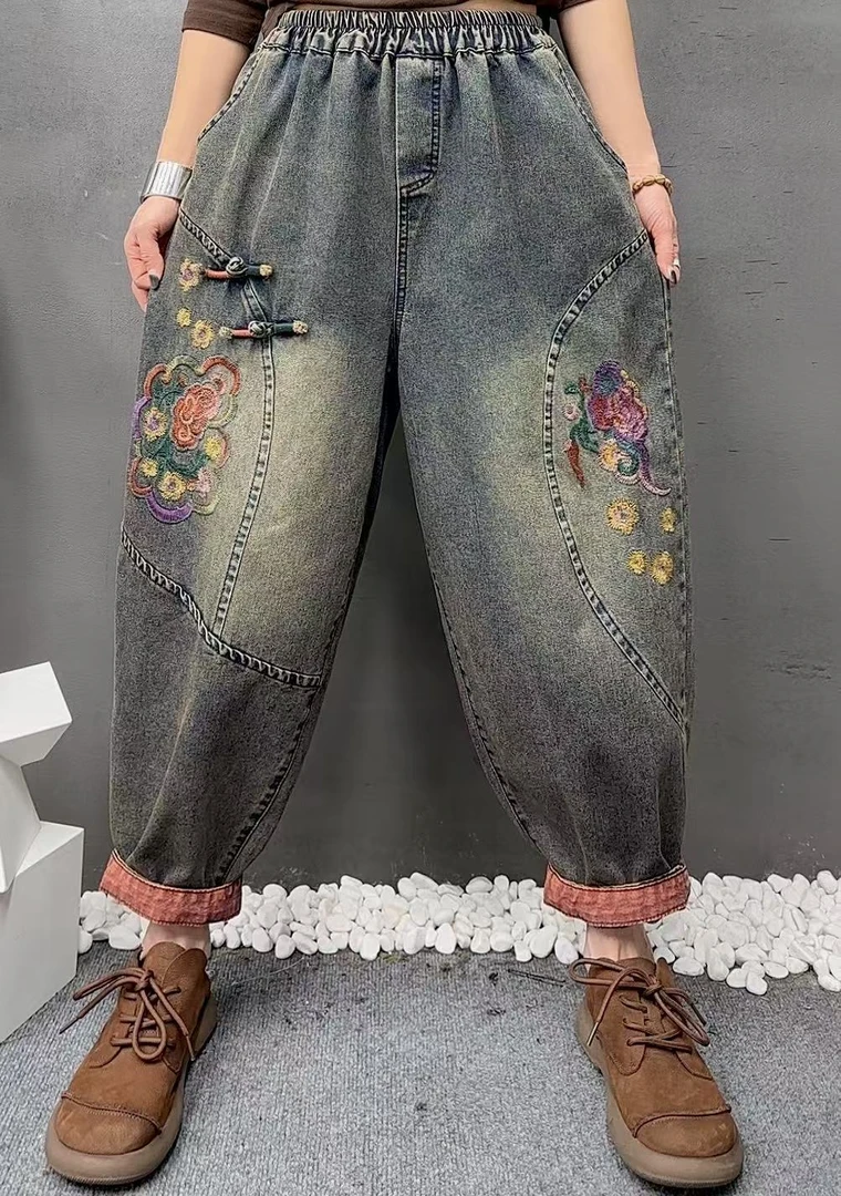 春季女装大码刺绣宽松舒适柔软花朵水洗牛仔裤民族风做旧哈伦裤