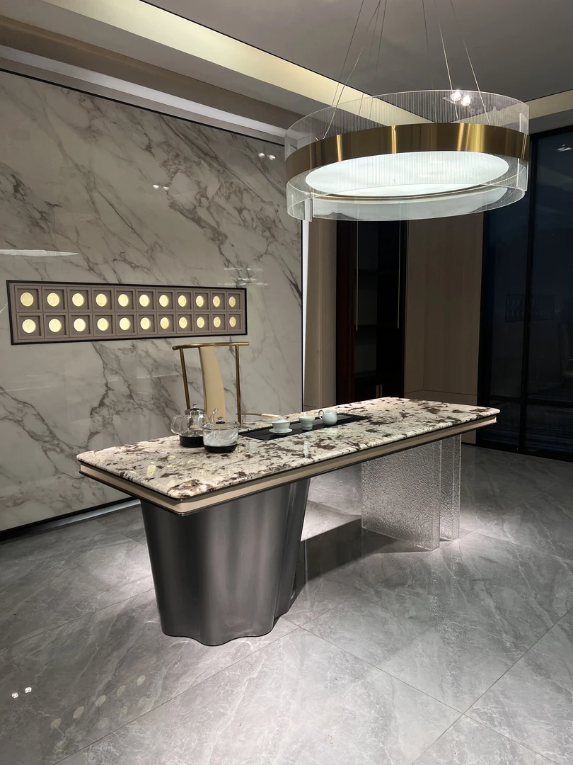 天然奢石轻奢风现代简约办公室阳台会客别墅家用茶台智能上水茶桌