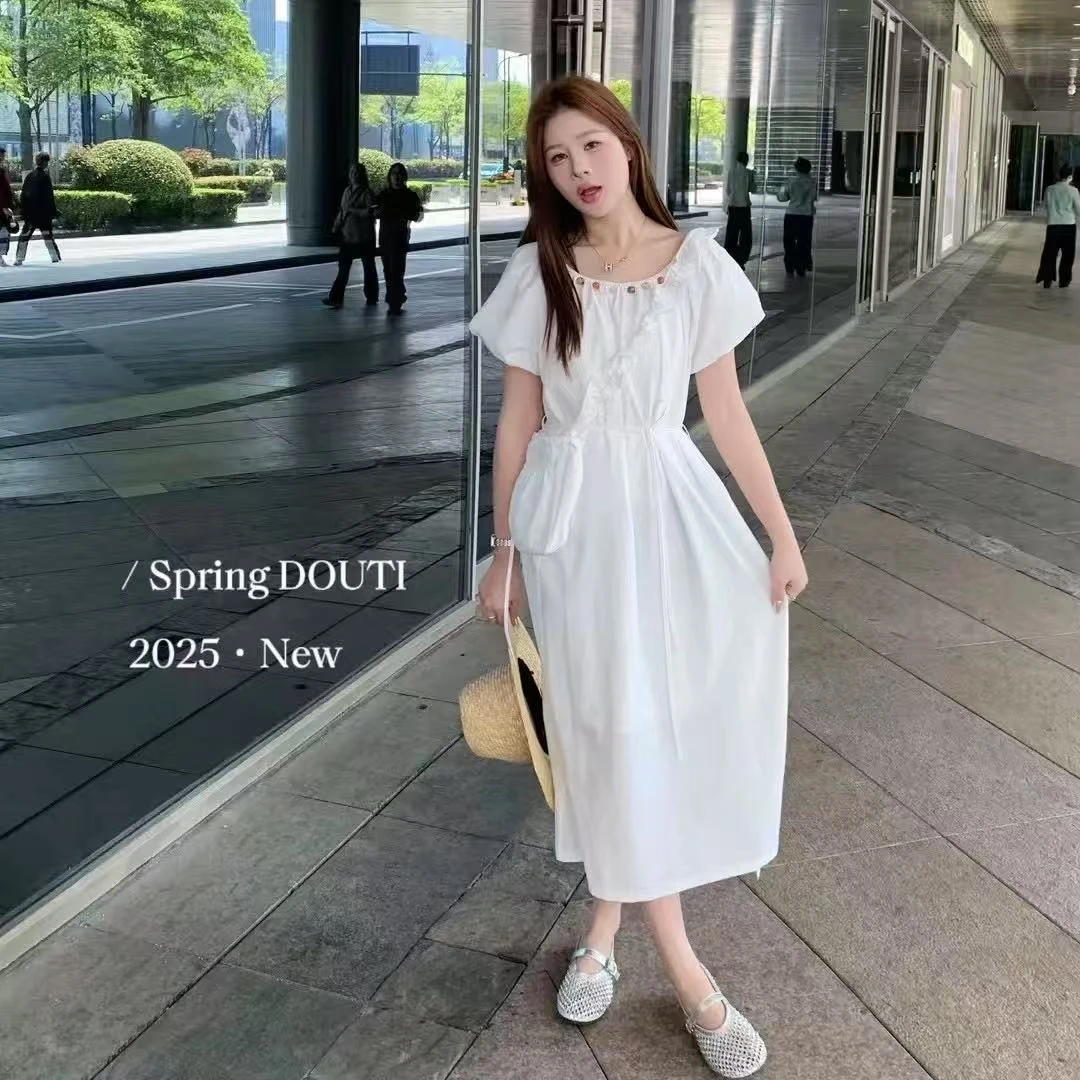 510/3118/139-9 串珠领连衣裙系带收腰显瘦裙子女