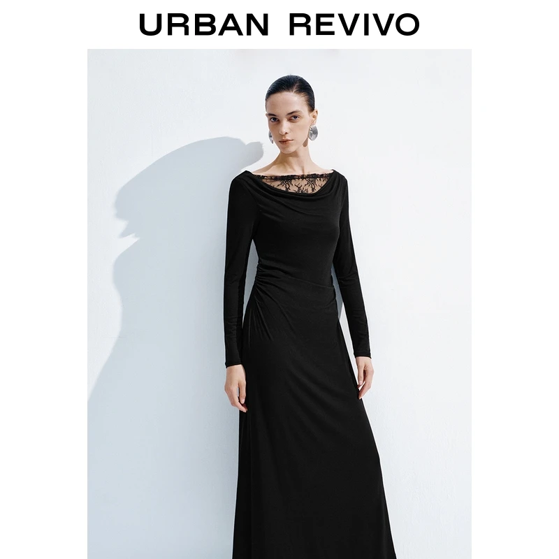 UR2026春季新款女装气质蕾丝拼接褶皱收腰连衣裙UWH750119