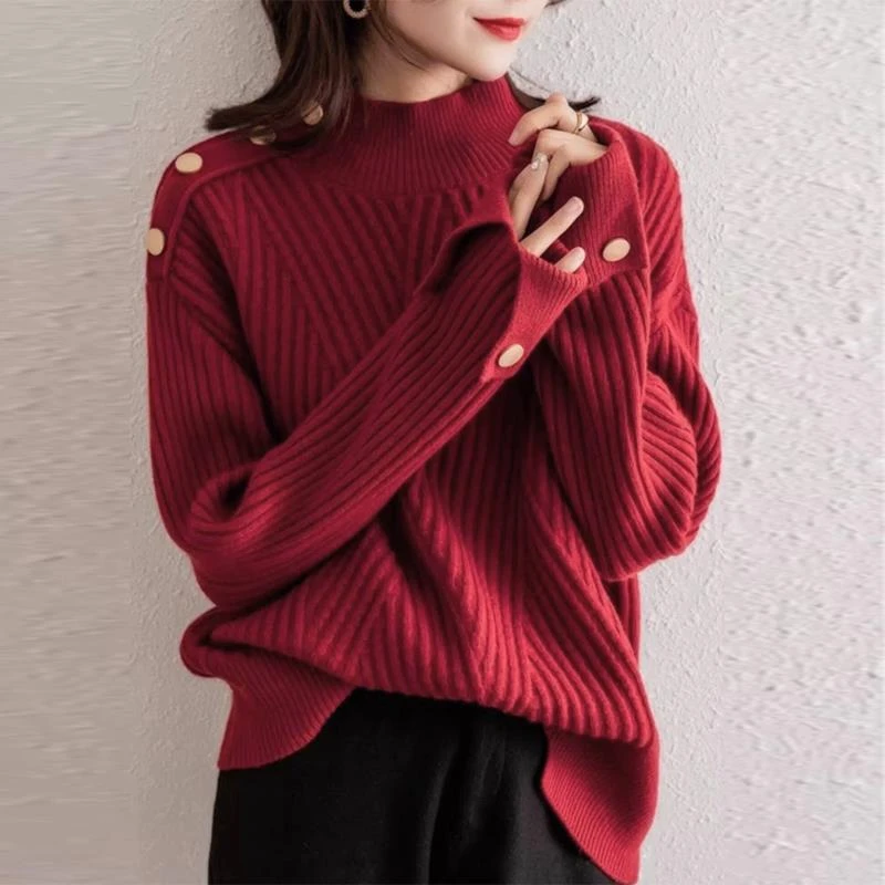 VOCKOO官方秋冬穿搭红色毛衣女秋冬季2025新款爆款慵懒风加厚内搭