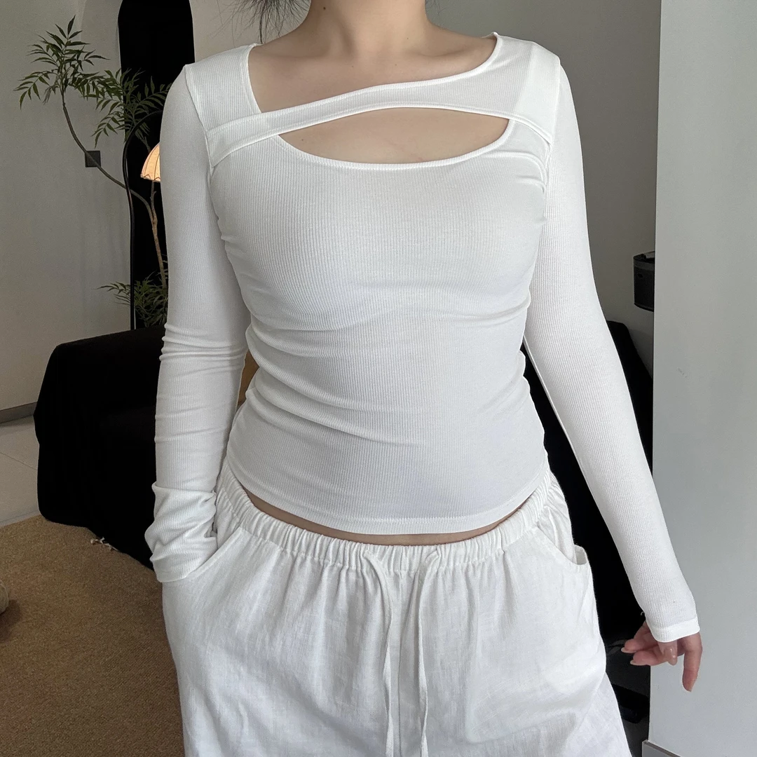 2609镂空百搭性感风打底衫极简风长袖T恤