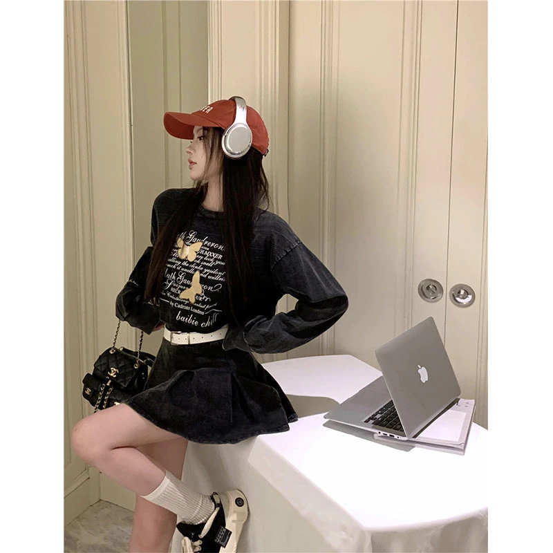 早秋季新款美式慵懒蝴蝶印花短卫衣上衣百褶半身裙甜酷套装两件套