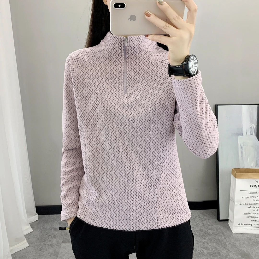 户外运动弹力抓绒衣女上衣长袖T恤女加厚保暖衣磨毛绒打底衫秋冬