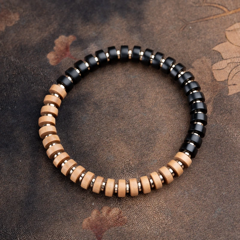 老山檀香6*3mm精工搭乌木单圈手串