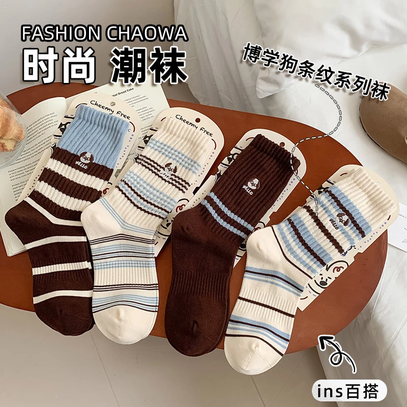 女士袜子条纹中筒卡通日系纯棉百搭时尚堆堆袜
