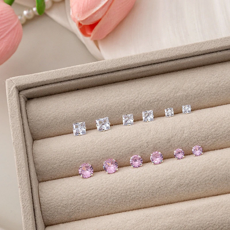 锌合金锆石耳饰 小众简约方圆形超闪锆石耳钉精致小巧设计感耳饰