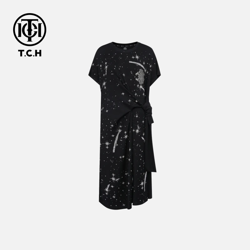 TCH时尚潮牌流星烫钻工艺百搭黑色连衣裙T75B30E1005轻奢tch