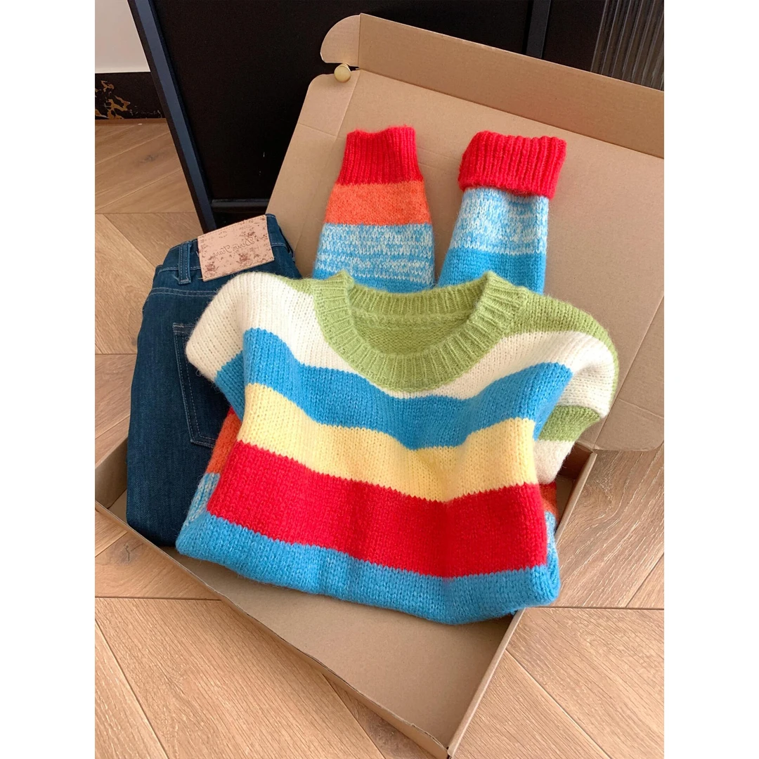 颜值真的很nice！彩色圆领毛衣女秋季小众绝美时髦设计气质针织衫