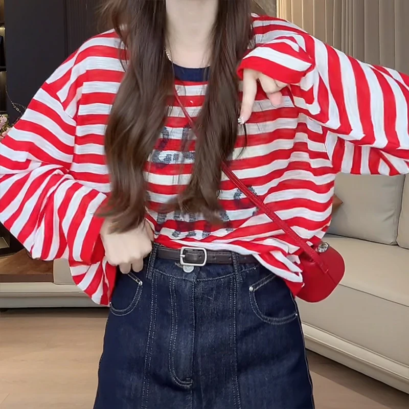 韩系慵懒chic条纹长袖T恤女2025春秋宽松外穿遮肉显瘦打底衫上衣