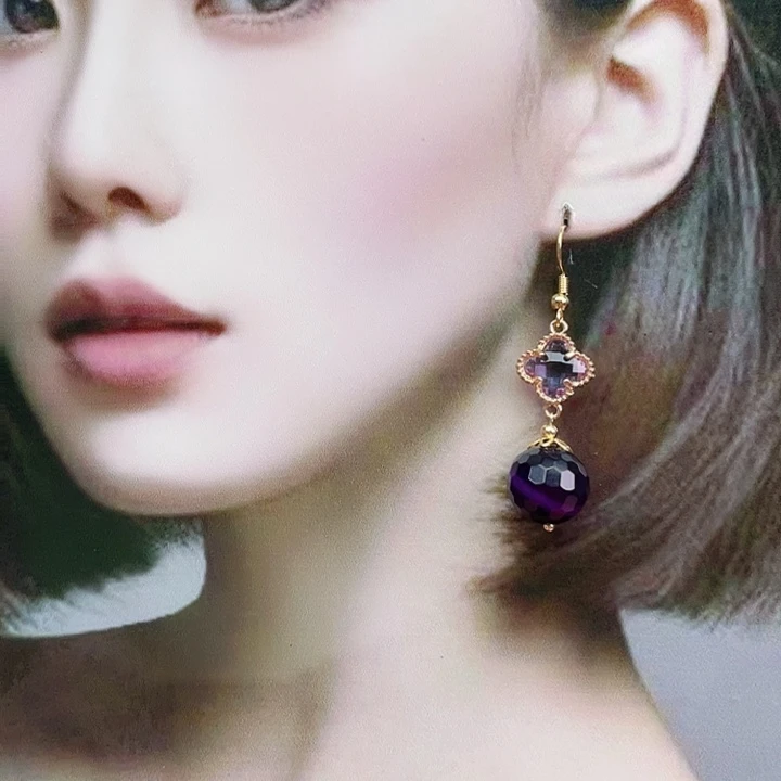 玛瑙/玉髓耳钉合金紫玛瑙刻面