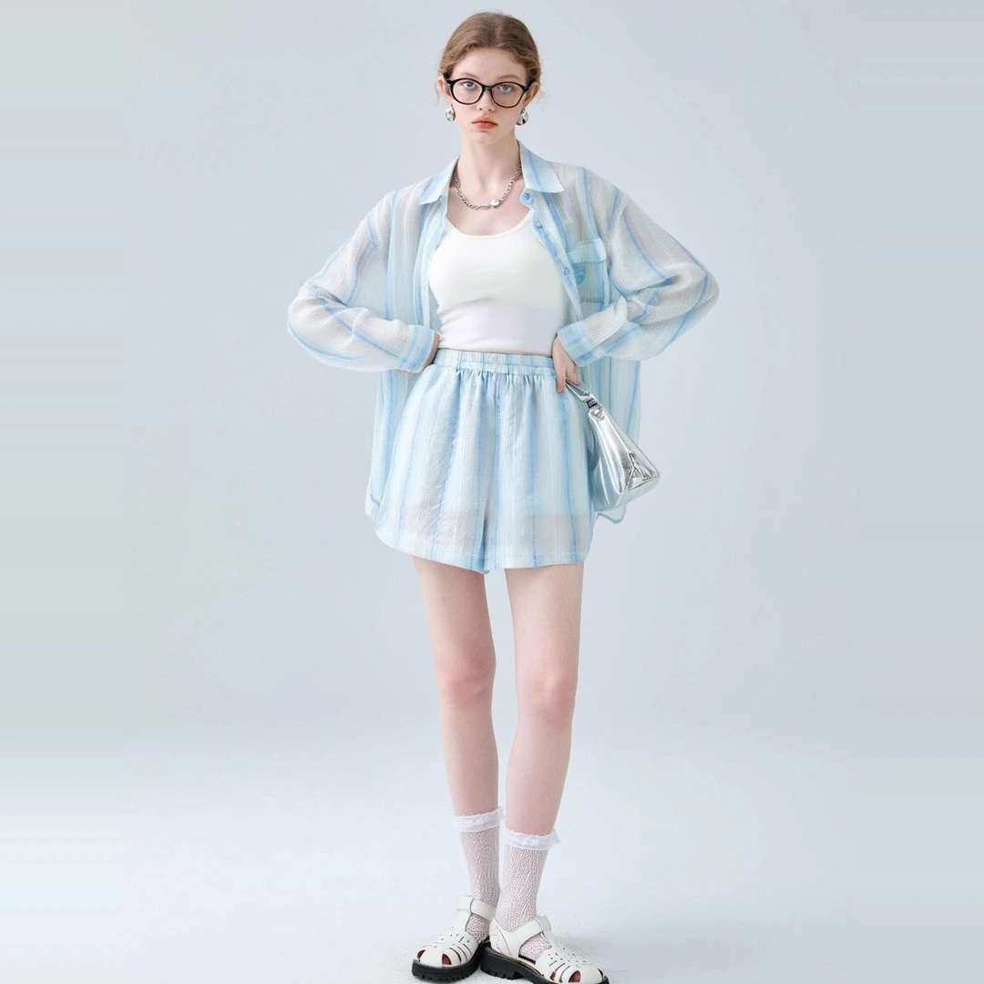 AHMI 蓝白条纹薄款透视女装夏百搭新款上衣短裤套装防晒外搭开衫