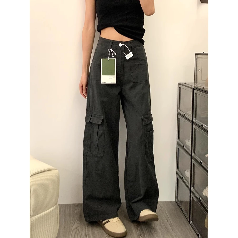 水泥灰阔腿牛仔工装裤女夏季新款高腰宽松显瘦百搭多口袋直筒裤子