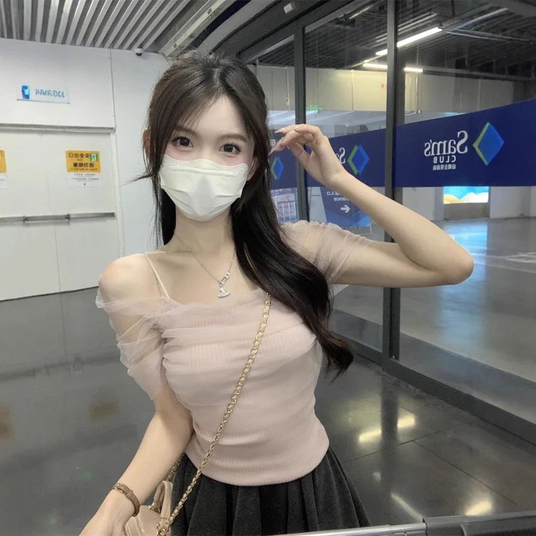 法式一字肩短袖T恤女夏高腰锁骨露肩收腰短款小个子仙气网纱上衣