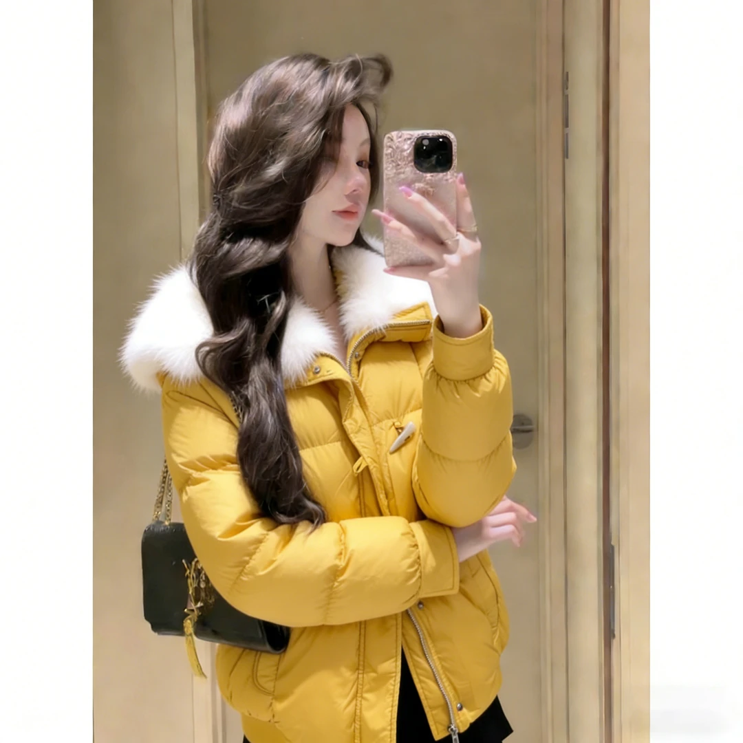 【现货】慵懒风设计感黄色毛毛翻领面包服女冬新款宽松加厚棉服外套