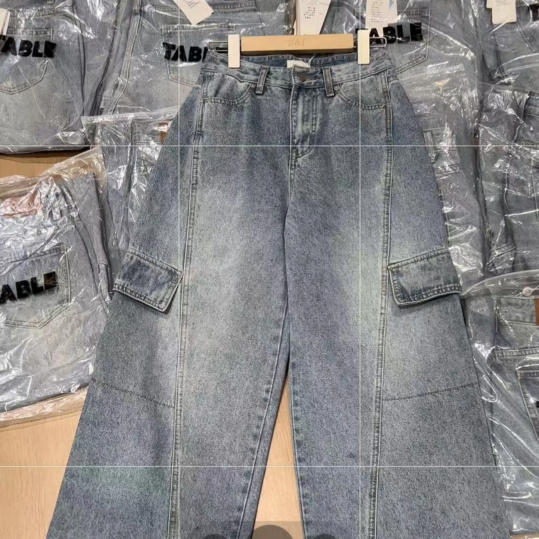 YHL定制复古蓝色高腰宽松显瘦女款工装牛仔阔腿长裤