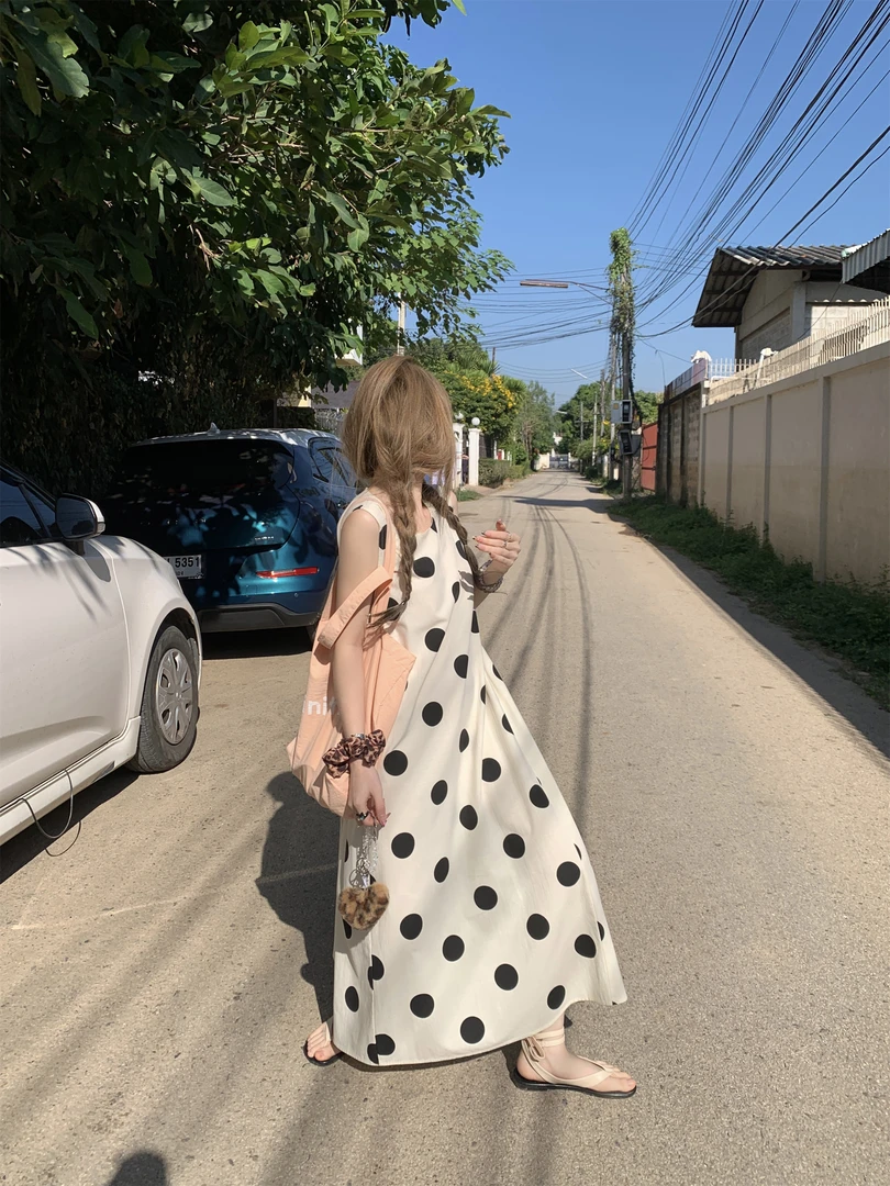 断码 清清 宽松版大码高个子法式无袖波点圆领连衣裙夏显瘦背心裙