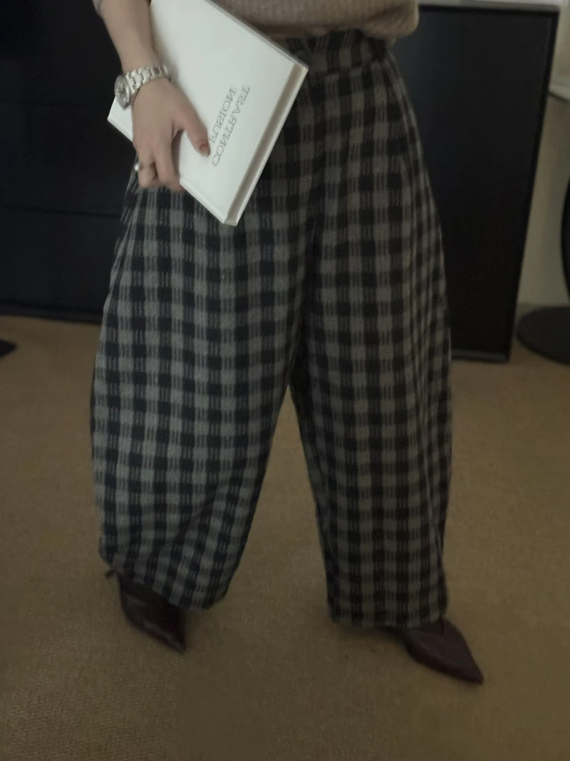 【珍珍何A】1098定制款韩系极简后松紧腰格子九分裤