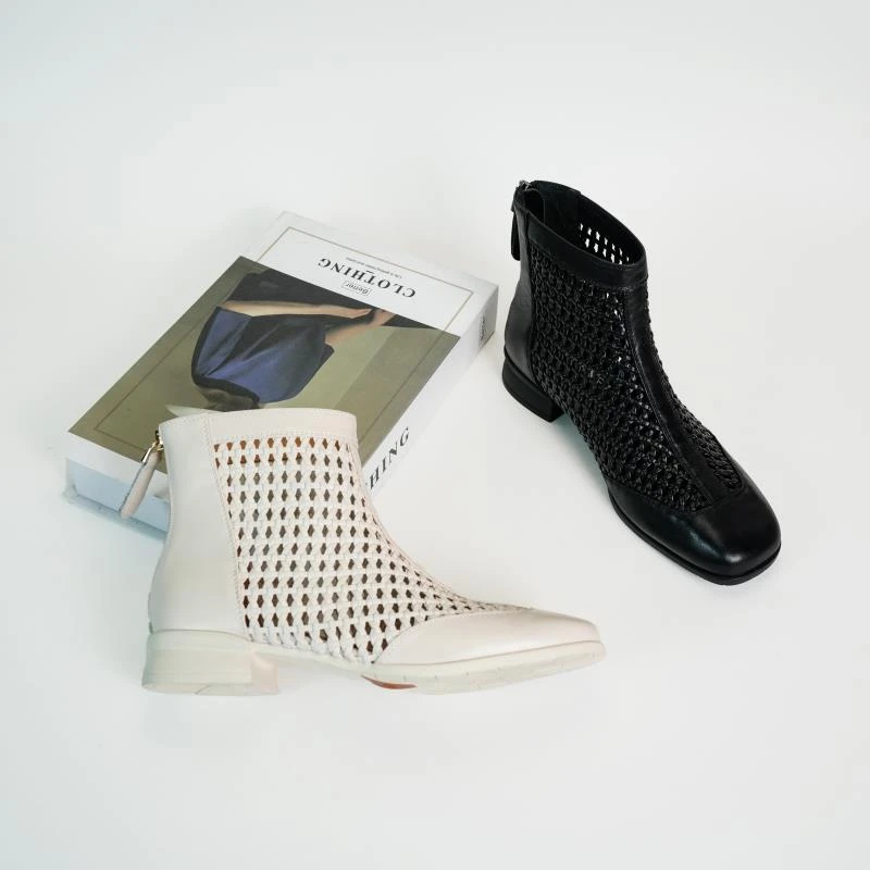 【鞋柜子】低跟洞洞网网靴夏季短靴真皮镂空手工编织粗跟复古女鞋