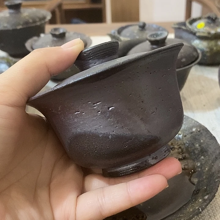 柴烧粗陶老泥手作盖碗
