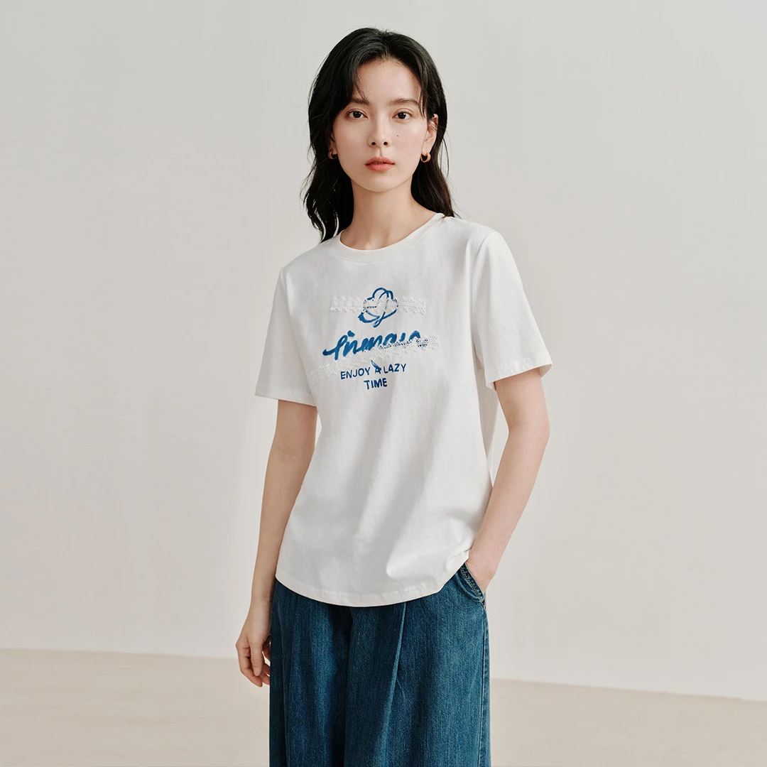 茵曼夏季女T恤短袖上衣纯棉新款休闲宽松印花圆领正肩时尚字母