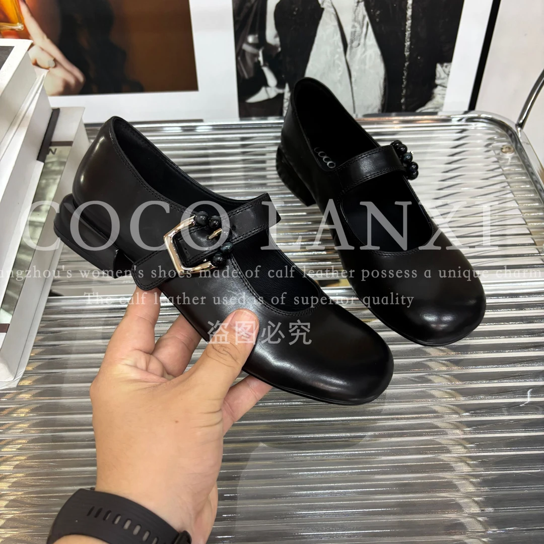 【COCO LANXI】时尚休闲女士黑色粗跟低跟真皮圆头小单鞋25DX473LX