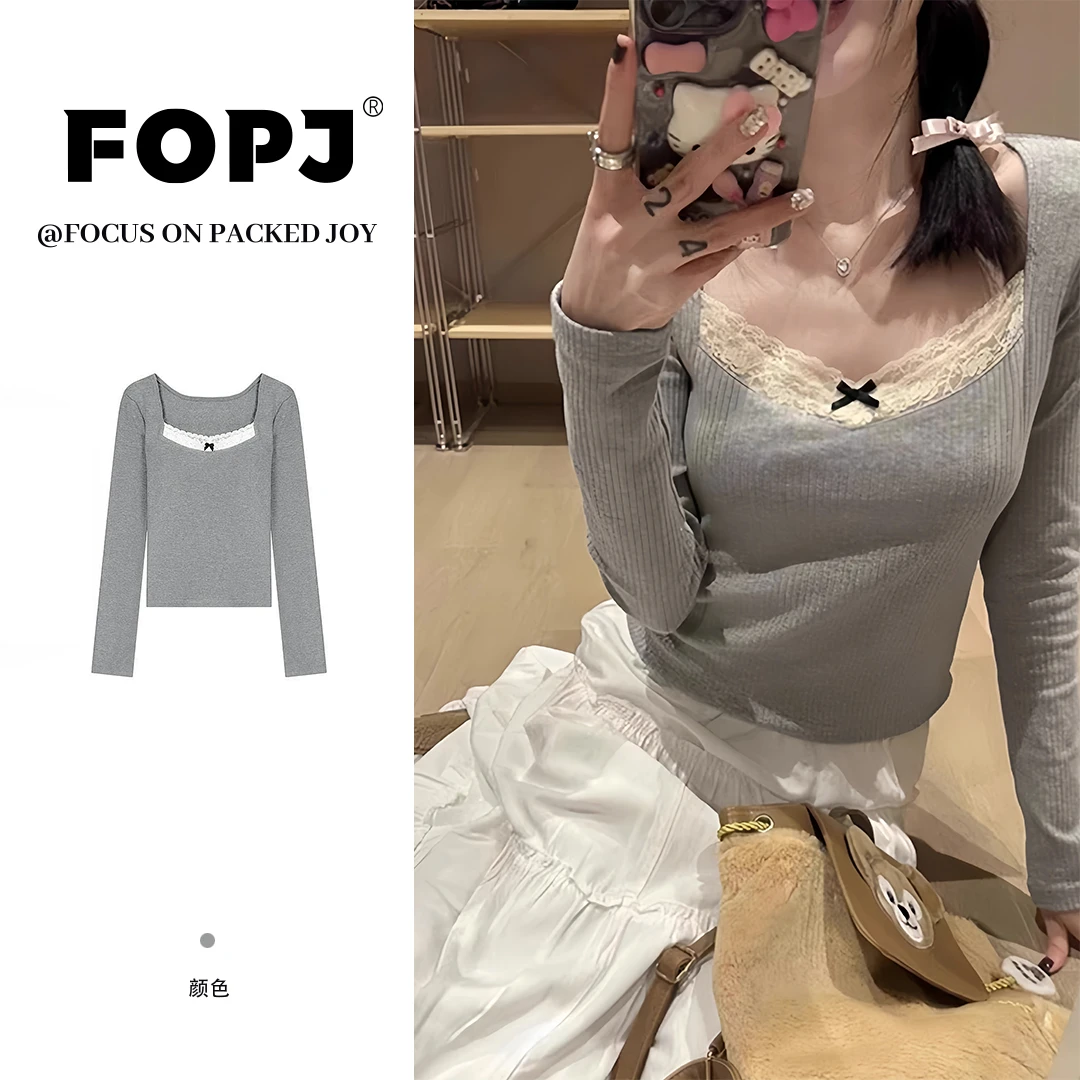 FOPJ长袖蕾丝拼接甜美T恤女春季修身显瘦韩系小众设计感内搭上衣