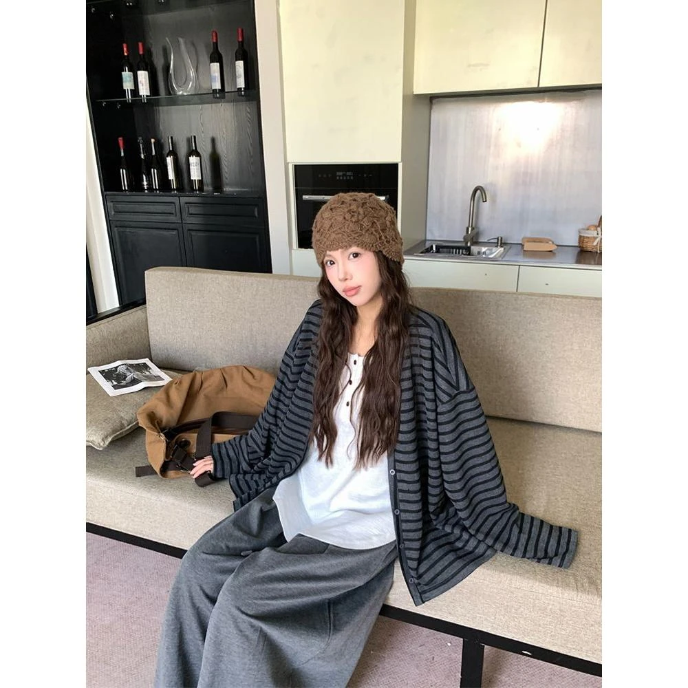 原版色织条 慵懒风条纹长袖外套女复古盐系宽松单排扣上衣chic潮