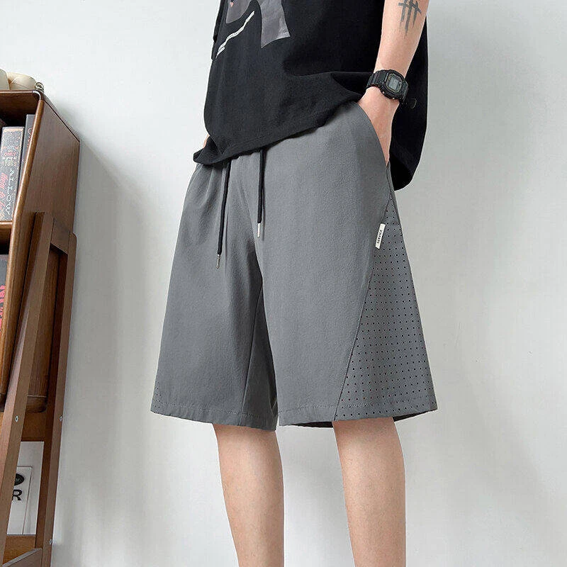 夏季薄款五分休闲短裤男士宽松冰丝运动中裤篮球裤复古痞帅男裤子